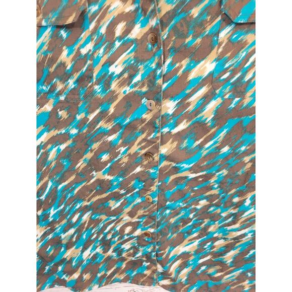 Chico's Additions Brown Teal Abstract Stretch Button Front Top Size 3 = XL (16) - Picture 7 of 11